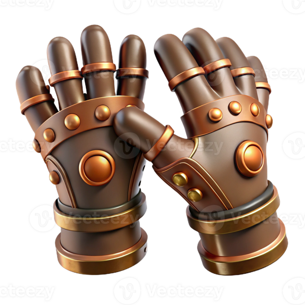 dramatic bold retro Steampunk gloves with articulated finger joints and copper plating with Transparent Background sharp png