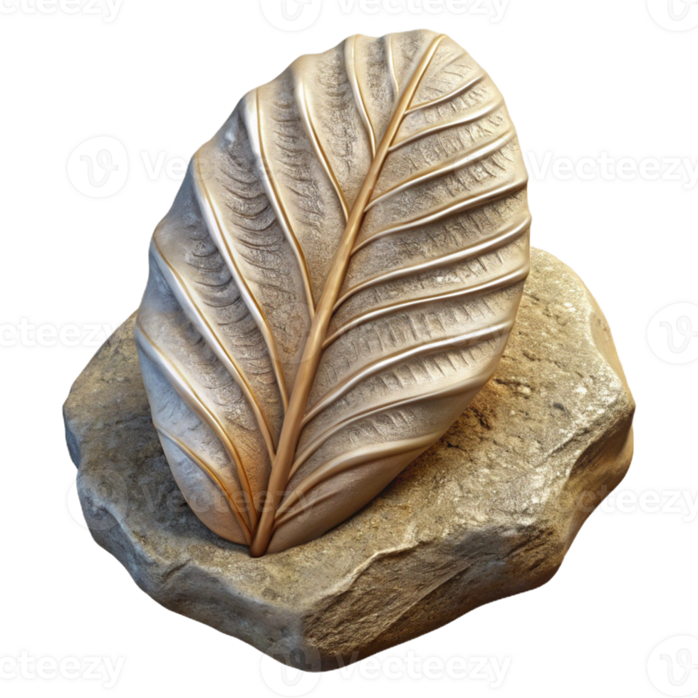 exquisite art deco Professional render, ultra-detailed, concept art style depiction of a single, fossilized leaf imprinted on rock Isolated cutout with Transparent Background exclusive png