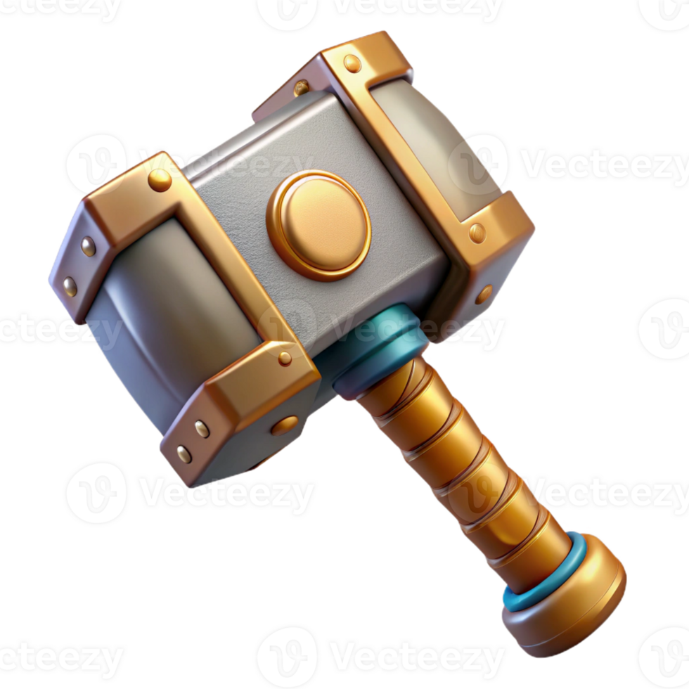 exquisite harmonious modern Concept art style render of a single, powerful Mjolnir hammer, intricate details, isolated cutout with Transparent Background perfect clarity png