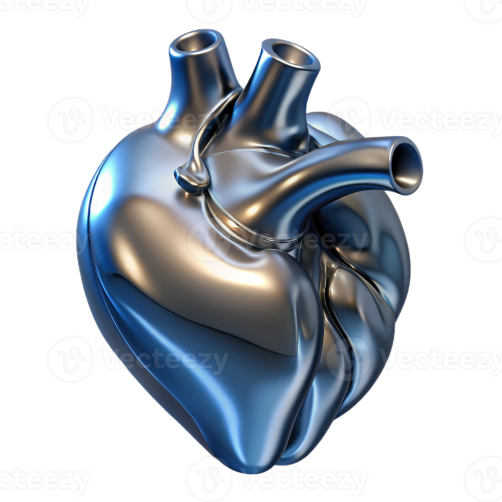 dreamy mesmerizing A single, stylized human heart made of liquid metal with Transparent Background high resolution png