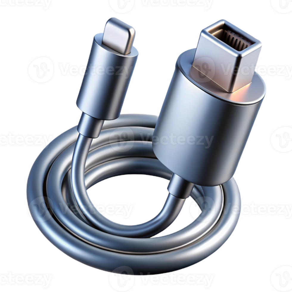 enchanting surreal Hyper-specific, professional render of a sleek, silver USB-C charging cable, coiled with Transparent Background fine detail png