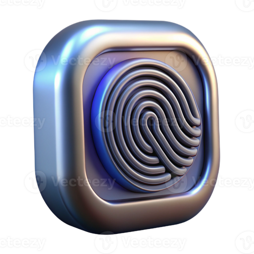 beautiful celebrated Hyper-specific, professional render of a futuristic, chrome, biometric fingerprint scanner, side view with Transparent Background png