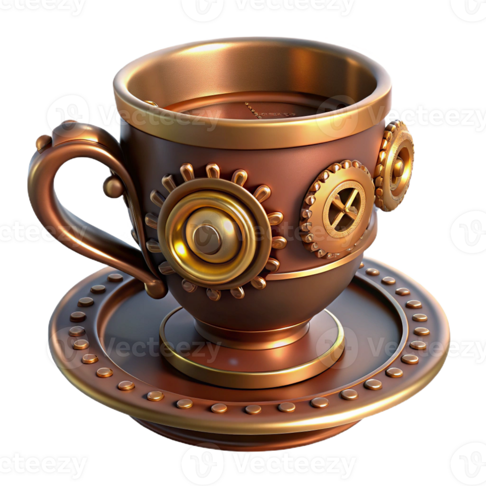 alluring contemporary Steampunk teacup with saucer and intricate metal details with Transparent Background genuine png