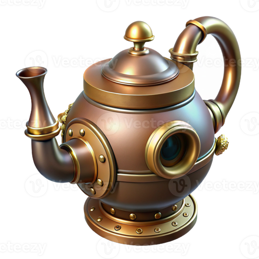 dramatic bohemian Steampunk teapot with intricate spout and brass handle with Transparent Background impeccable png