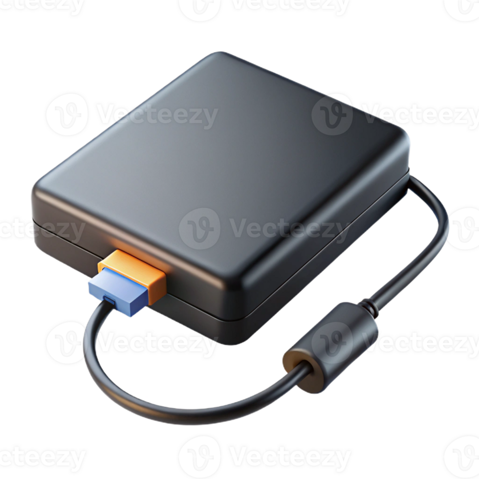 captivating contemporary Hyper-specific, professional render of a compact, black external hard drive with a USB port with Transparent Background gallery standard png