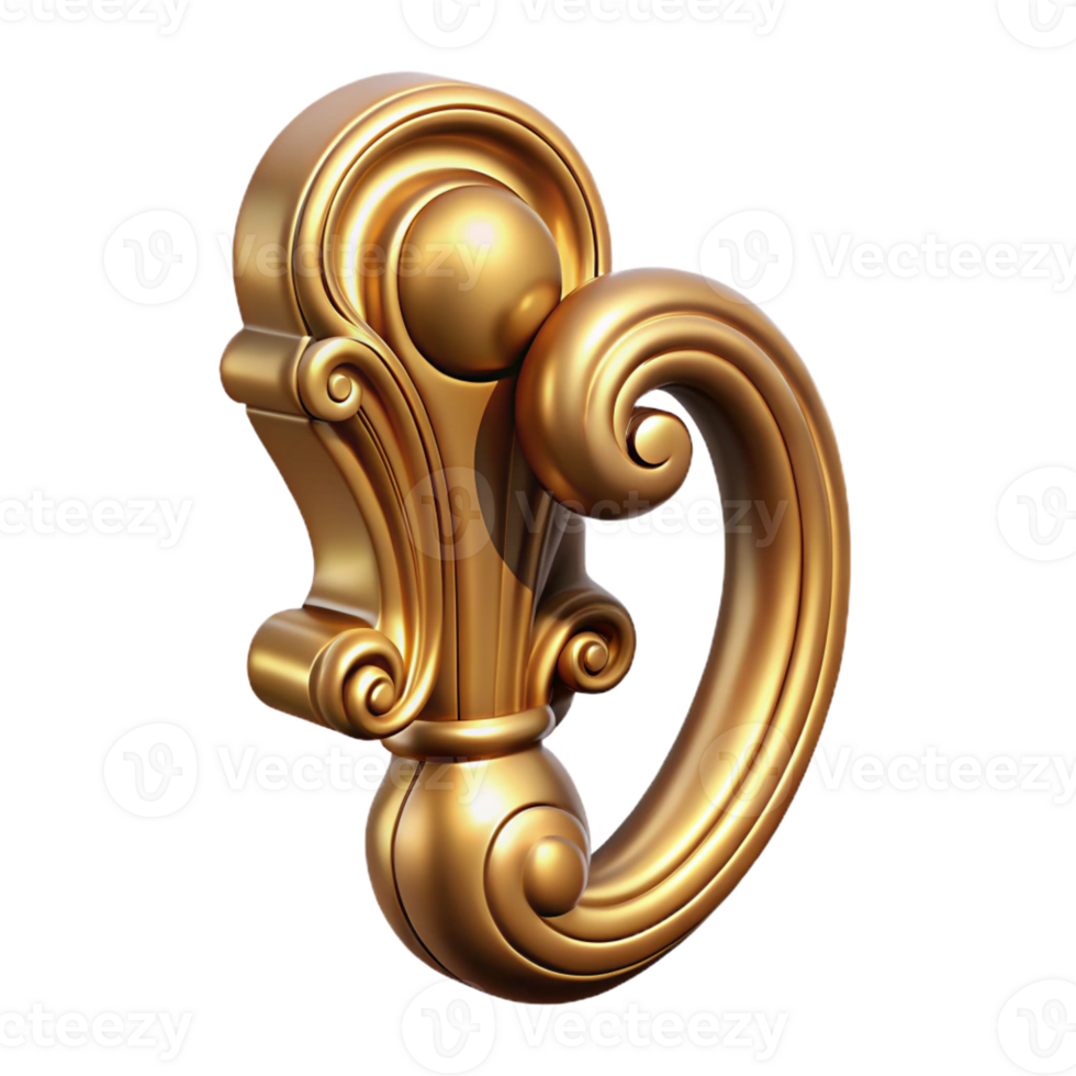 celebrated industrial Hyper-specific, ultra-detailed concept art style render of an Art Nouveau door handle, brass, flowing lines, isolated cutout with Transparent Background high resolution png