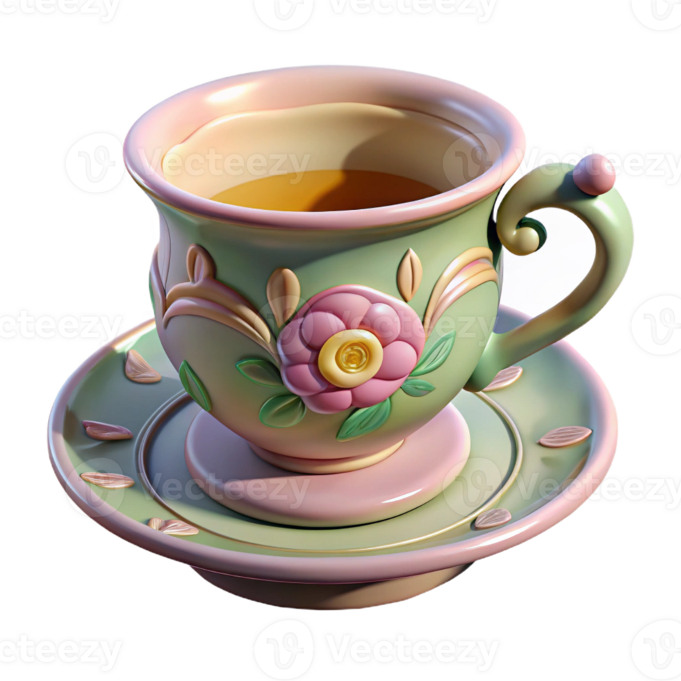 coveted traditional Hyper-specific, ultra-detailed concept art style render of an Art Nouveau teacup, porcelain, floral pattern, isolated cutout with Transparent Background original png