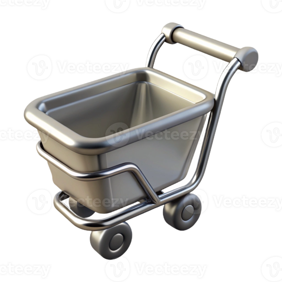 acclaimed geometric A single, floating shopping cart icon made of polished chrome with Transparent Background 8K png