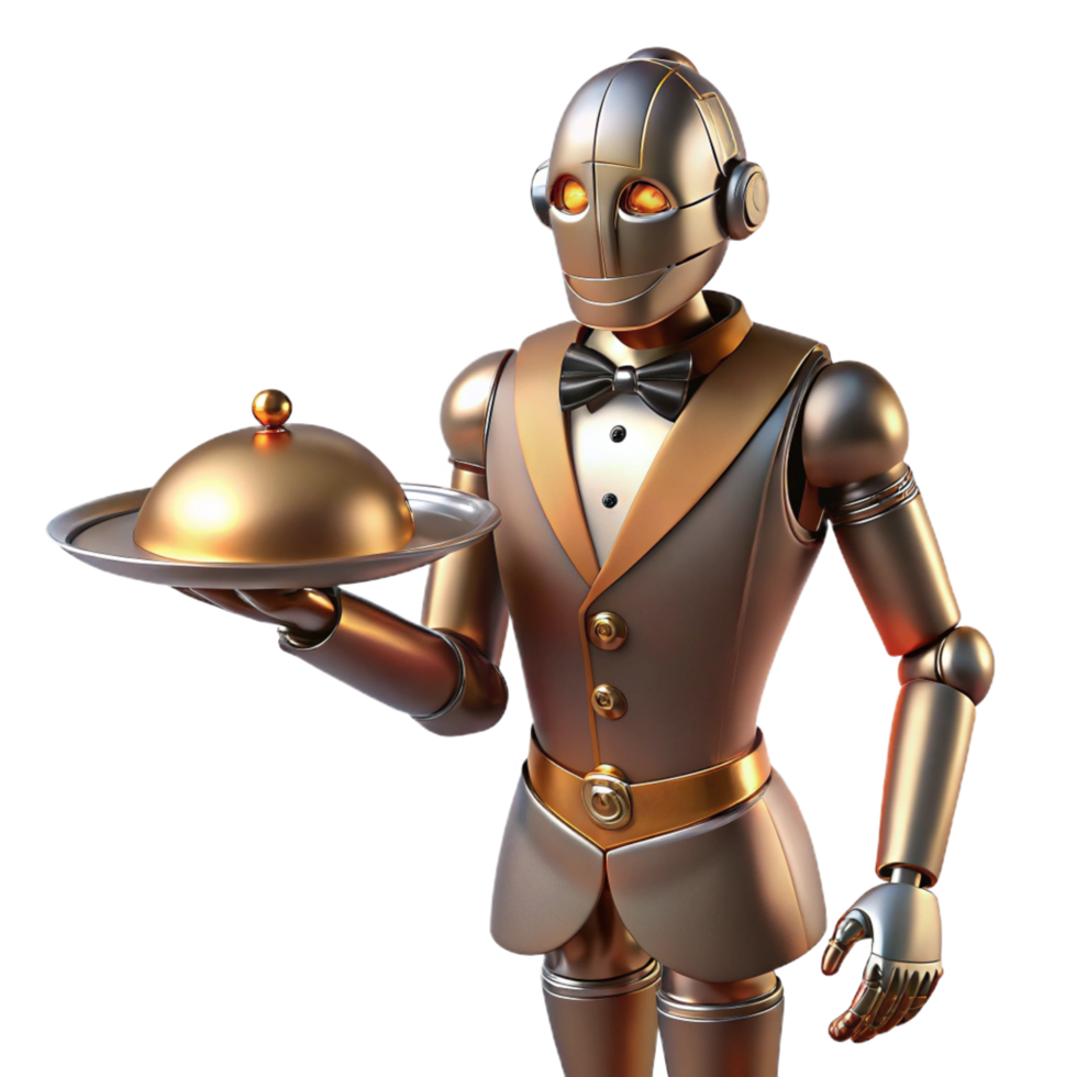 dramatic minimalist A Steampunk Robot Butler Holding a Silver exclusive png