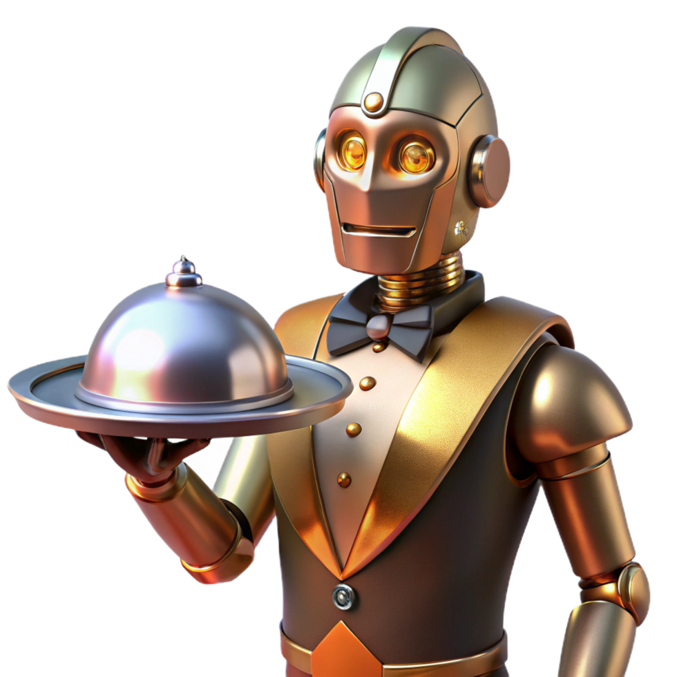 elegant rustic A Steampunk Robot Butler Holding a Silver high resolution png
