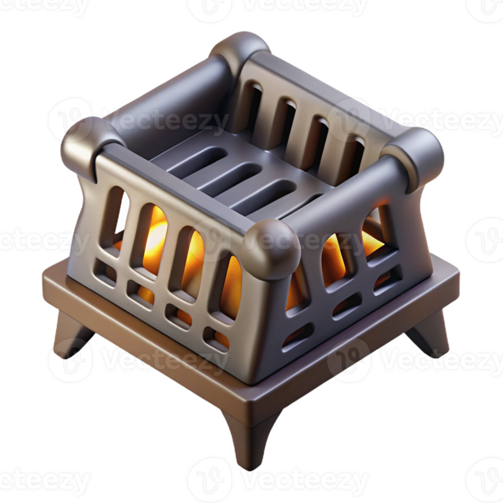bold magnificent Photorealistic, hyper-specific isolated cutout of a single, cast iron fireplace grate with Transparent Background high resolution png