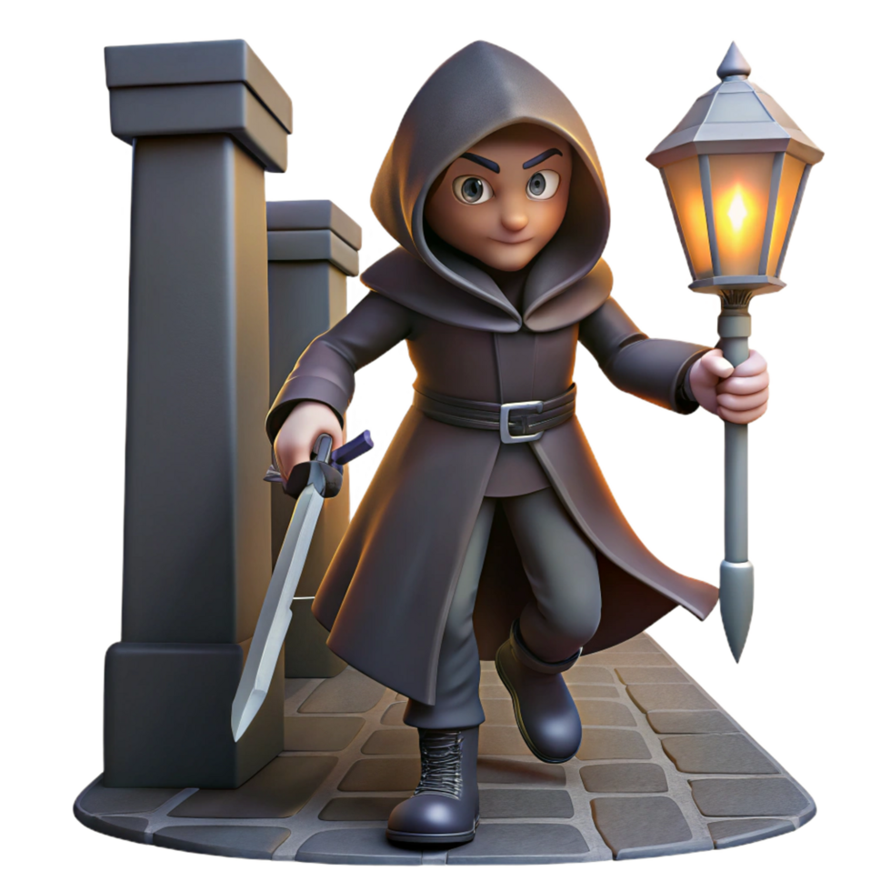 serene traditional A Cunning Rogue with a Hooded Cloak and a authentic png