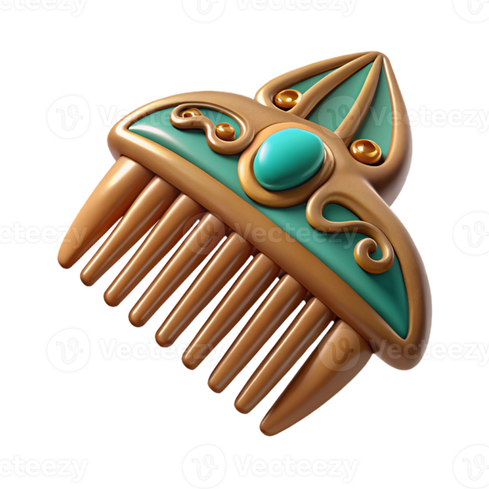 captivating romantic geometric Concept art style, isolated cutout of a tribal woman's decorative comb carved from bone and inlaid with turquoise with Transparent Background precision png