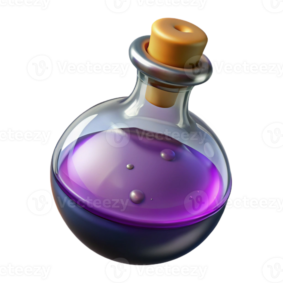 captivating mid-century Photorealistic, ultra-detailed, isolated cutout of a single, glowing potion bottle filled with swirling liquid with Transparent Background expertly shot png