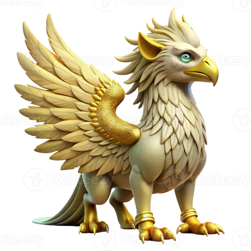 enchanting inspired A majestic griffin with golden feathers and emerald eyes with Transparent Background png