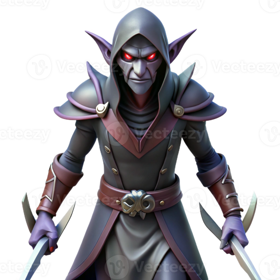 ethereal pristine A menacing dark elf assassin with twin daggers with Transparent Background expertly shot png