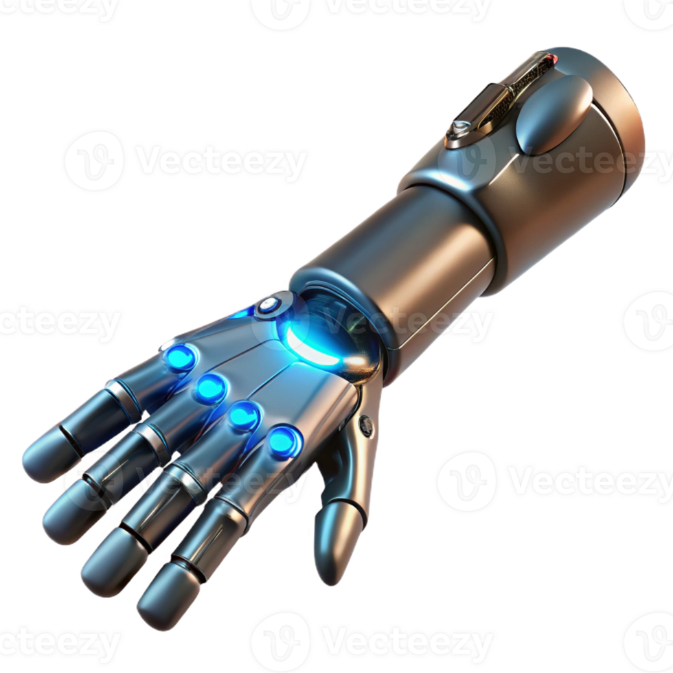 acclaimed modern Hyper-specific professional render of a single cybernetic prosthetic arm with exposed wiring and glowing LEDs, isolated cutout with Transparent Background premium png