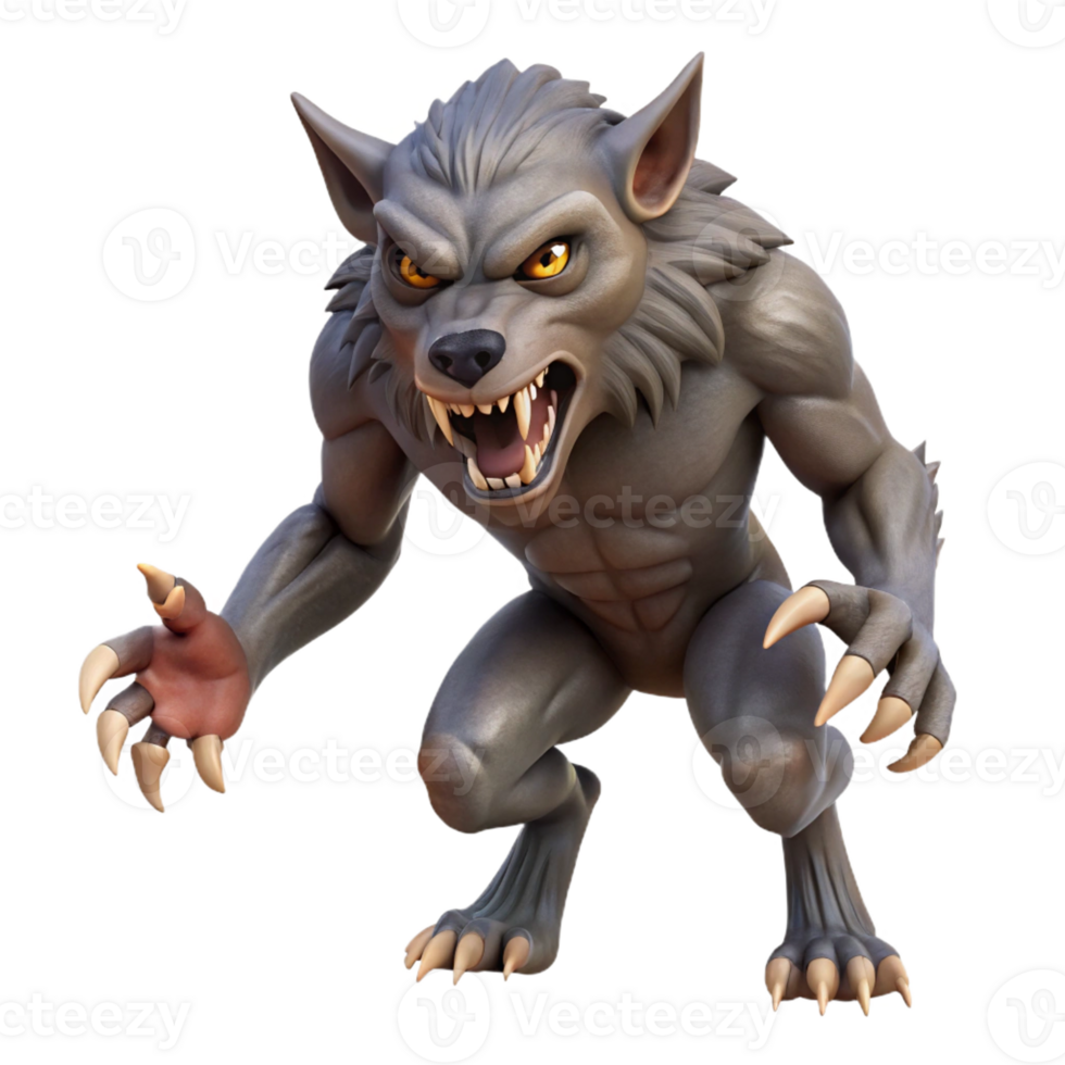 elegant coveted A fierce werewolf mid-transformation, showing fangs and claws with Transparent Background png