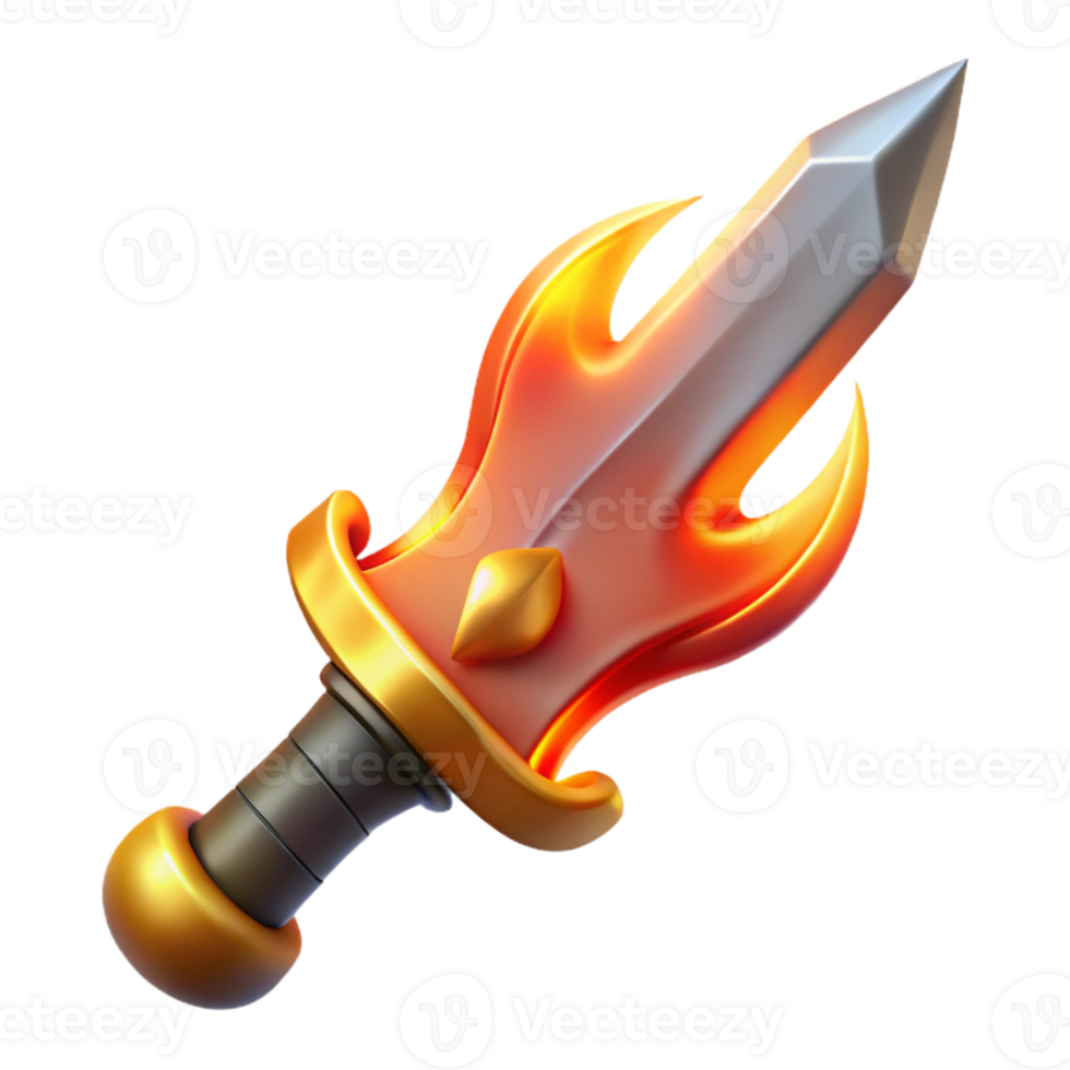 exquisite dreamy mid-century Concept art style, isolated cutout of a stylized, flaming sword hilt with Transparent Background museum quality png