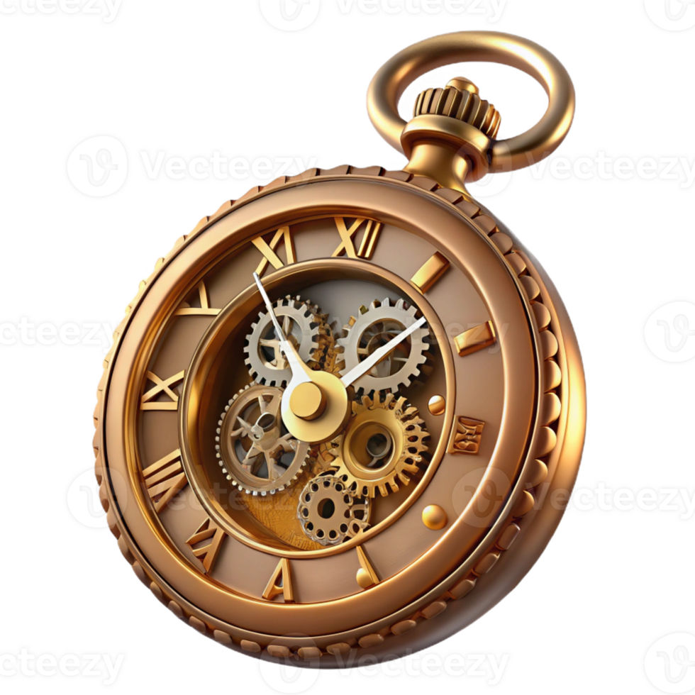 elegant signature Ornate steampunk pocket watch with exposed gears and Roman numerals with Transparent Background png