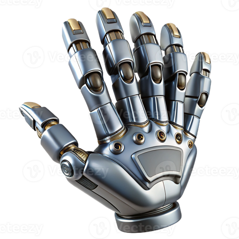 dramatic celebrated Ultra-detailed professional render of a futuristic robotic hand with articulated fingers and metallic plating, isolated cutout with Transparent Background png