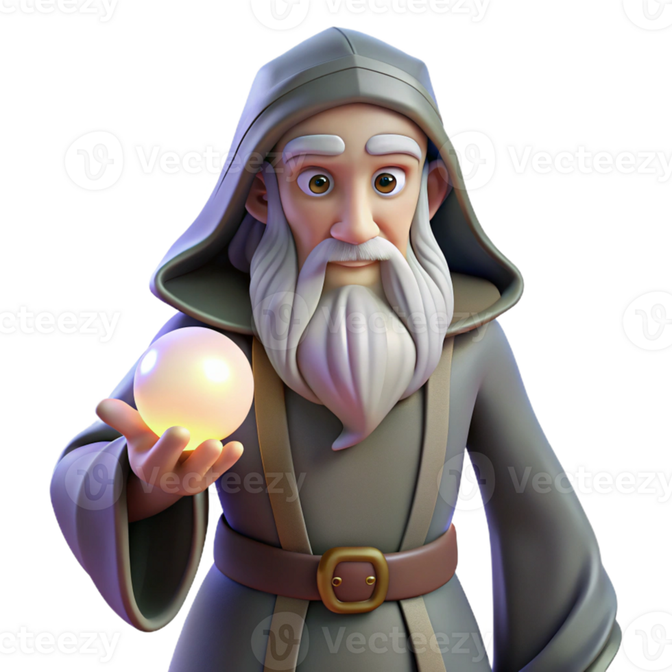 alluring rare Concept art style, isolated cutout of a grizzled old wizard with a long white beard, holding a glowing orb with Transparent Background png