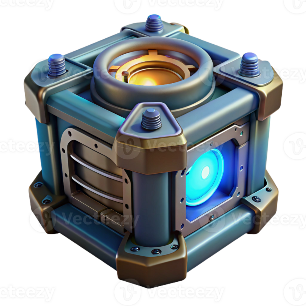 beautiful art deco Hyper-specific professional render, isolated cutout, of a futuristic power generator with pulsating energy core with Transparent Background crisp png