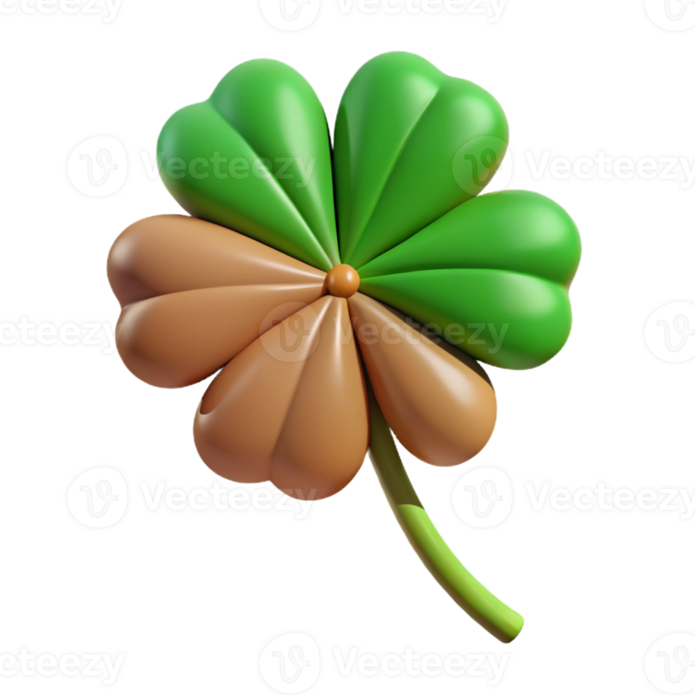 bold exquisite Hyper-specific, professional render of a single, wilted four-leaf clover, brown edges, green center with Transparent Background high quality png