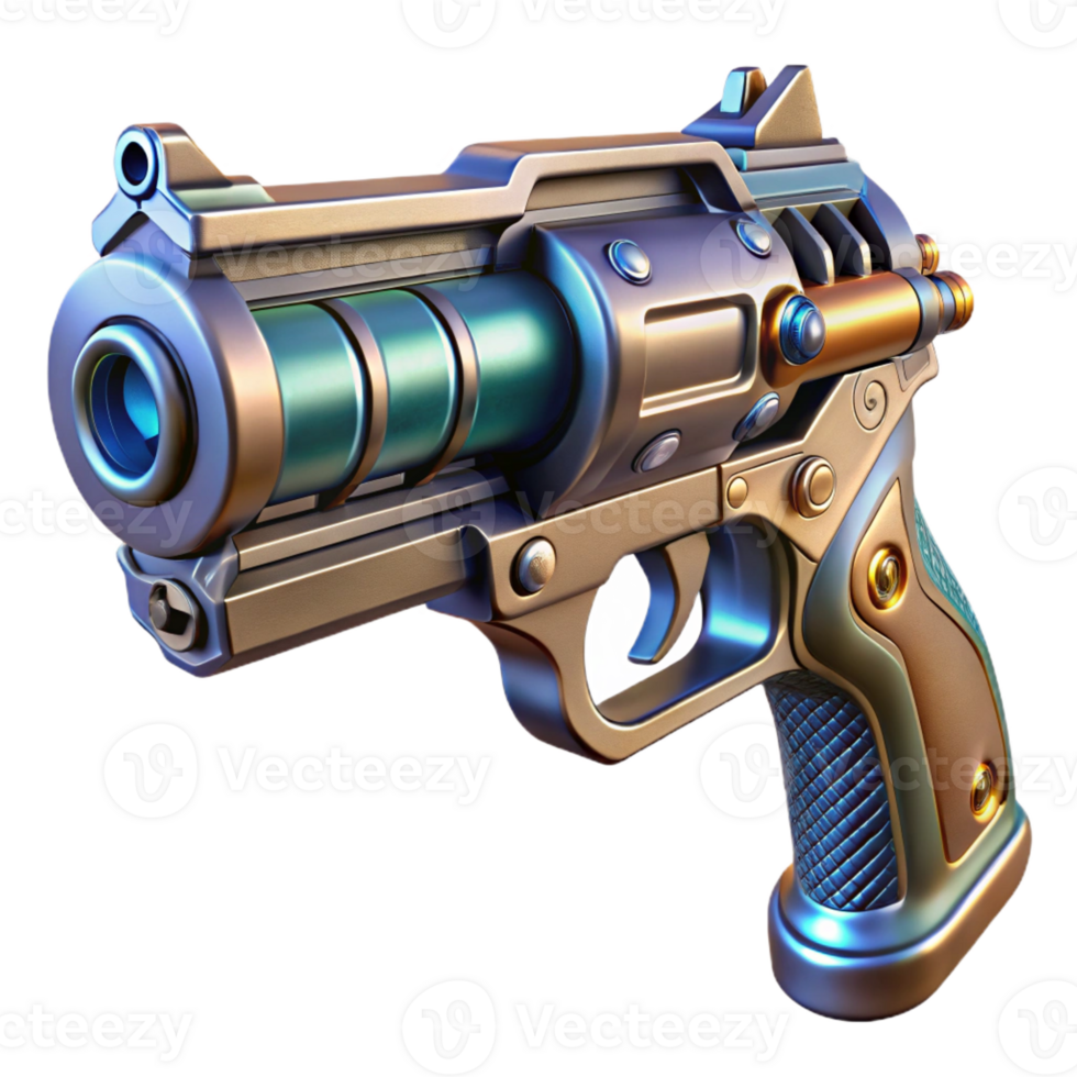 exemplary baroque Ultra-detailed, photorealistic professional render, isolated cutout of a single cyberpunk energy pistol with intricate engravings with Transparent Background ultra HD png