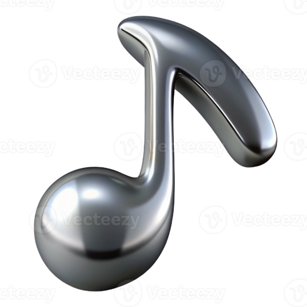 dramatic contemporary A single musical note, crafted from polished silver with Transparent Background museum quality png