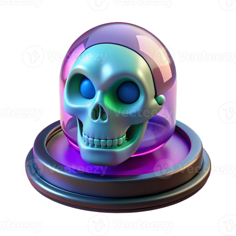 dramatic alluring Hyper-specific, concept art style, isolated cutout of a cyberpunk holographic display featuring a skull, professional render with Transparent Background exclusive png
