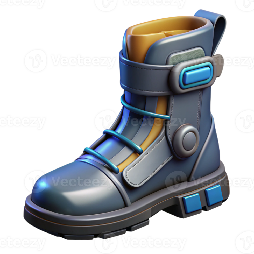 dramatic creative Ultra-detailed, photorealistic, isolated cutout of a single cyberpunk boot with reinforced plating, professional render with Transparent Background handcrafted png