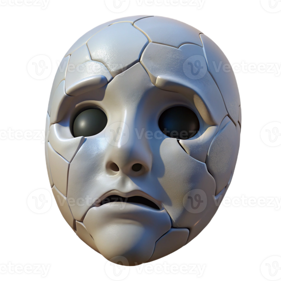 elegant dynamic contemporary A cracked porcelain mask expressing sadness with Transparent Background handcrafted png