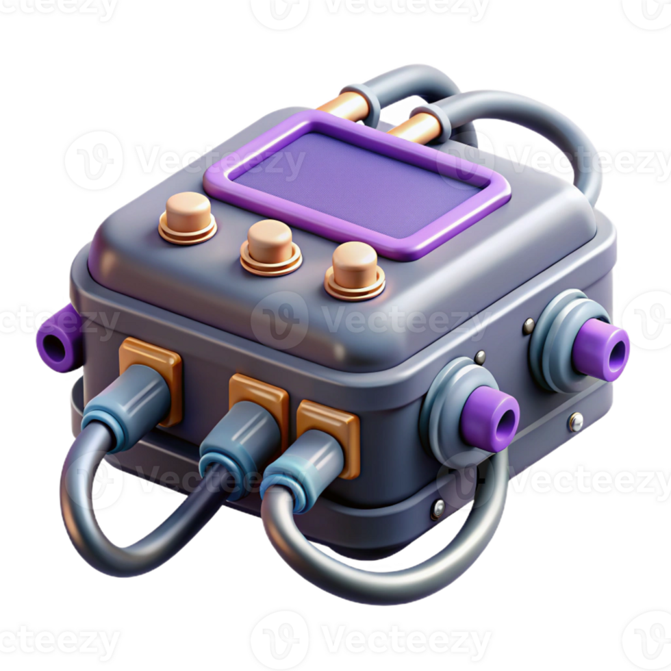 dynamic serene Hyper-specific, concept art style, professional render, isolated cutout of a cyberpunk hacking device with multiple ports and cables with Transparent Background sharp png