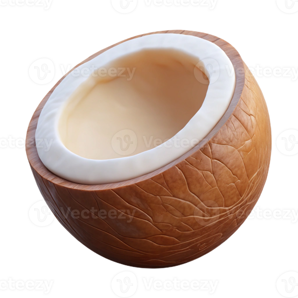 alluring artistic A single coconut, cracked open to reveal the white flesh with Transparent Background masterfully captured png