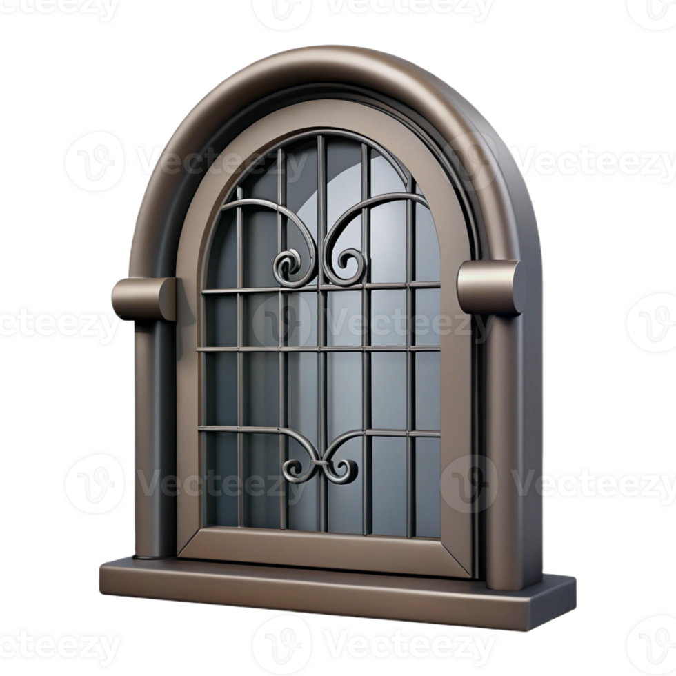 acclaimed urban Hyper-specific professional render of a single, hand-forged, wrought iron window grill Isolated cutout with Transparent Background high resolution png
