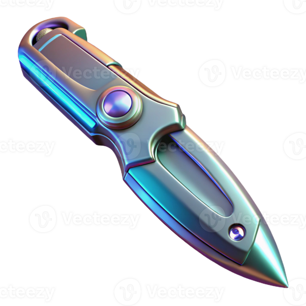 exquisite energetic modern Concept art style, hyper-specific, isolated cutout of a futuristic, metallic, multi-tooled utility knife Ultra-detailed with Transparent Background perfect clarity png