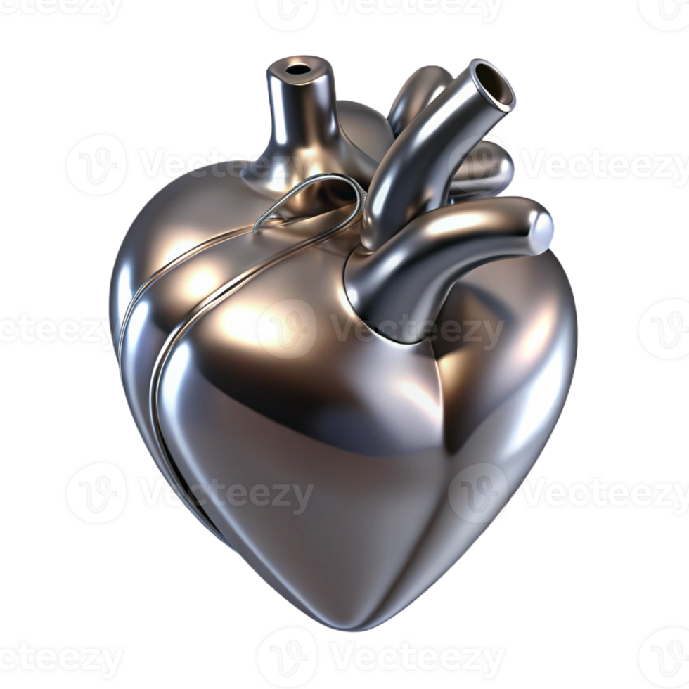 beautiful artistic Concept art style, ultra-detailed, isolated cutout of a single, stylized, chrome human heart with Transparent Background 8K png