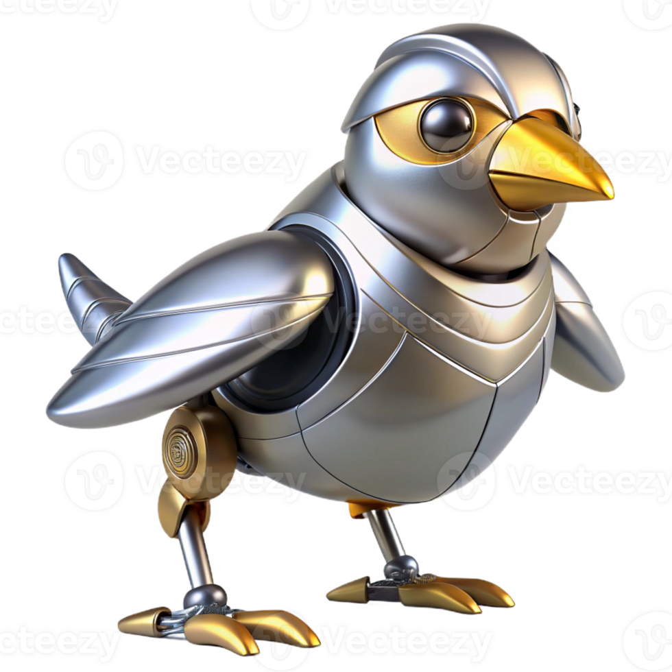 exceptional minimalist Hyper-specific, ultra-detailed, concept art, isolated cutout of a futuristic, sleek, silver and gold robotic bird with Transparent Background 8K png
