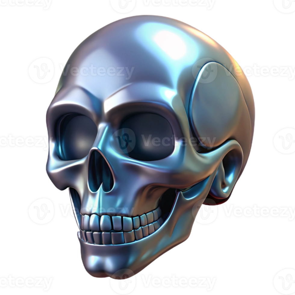 dramatic standout Concept art style, ultra-detailed, isolated cutout of a single, stylized, metallic skull with Transparent Background png