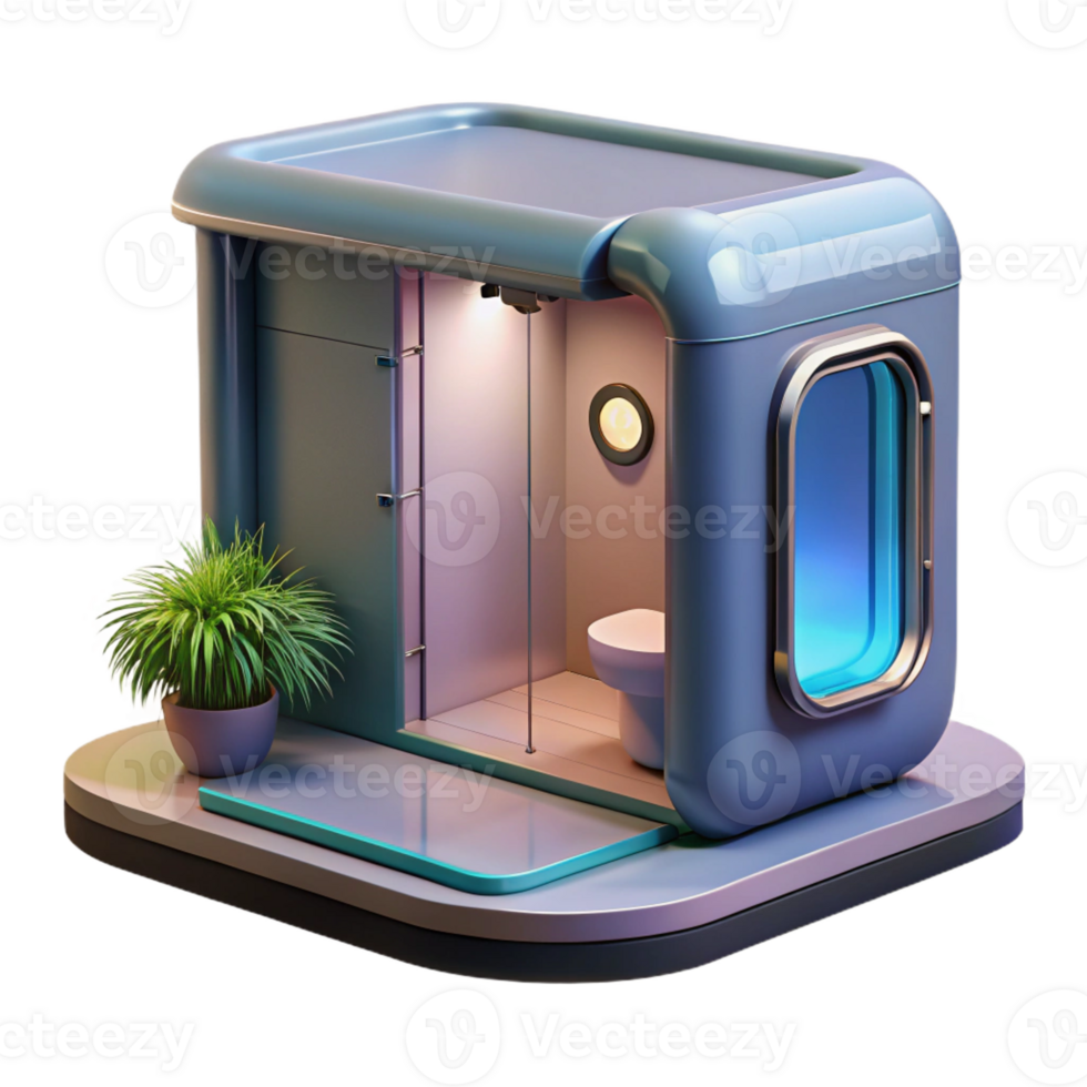 elegant distinctive Concept art style, isolated cutout of a magnetically levitating, prefabricated bathroom pod with Transparent Background png