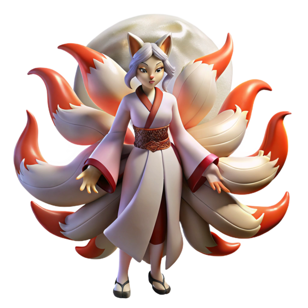 beautiful artistic A Cunning Kitsune Its Nine Tails Flowing high resolution png