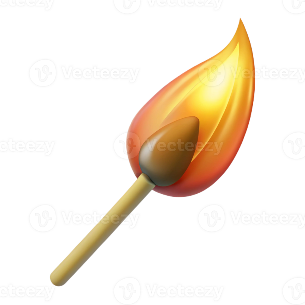 bold hypnotic Photorealistic, professional render, isolated cutout, hyper-specific single, burning matchstick with Transparent Background authentic png