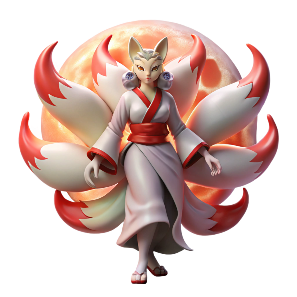 stunning artistic A Cunning Kitsune Its Nine Tails Flowing premium png