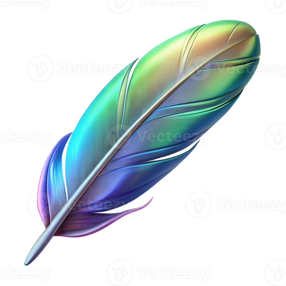 extraordinary bold creative Hyper-specific, photorealistic, isolated cutout of a single, iridescent hummingbird feather with Transparent Background studio quality png