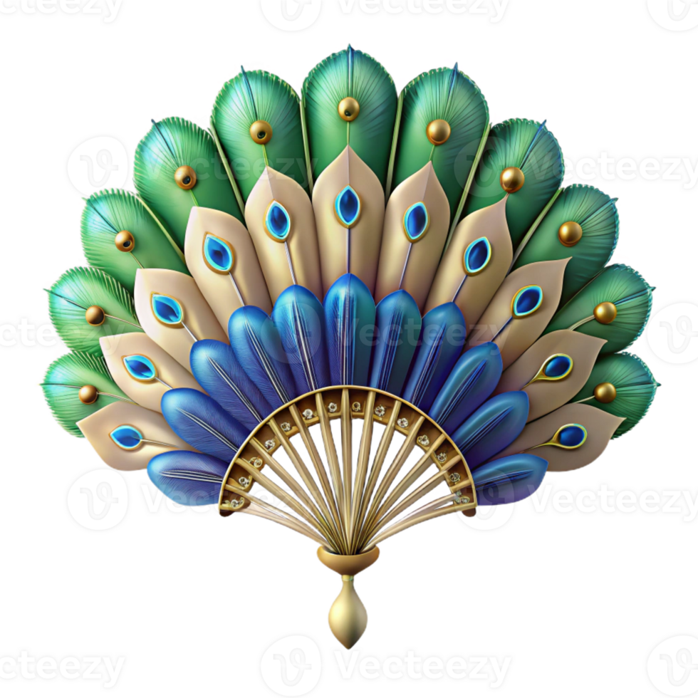 dynamic elegant Concept art style, isolated cutout of a single Art Nouveau fan with peacock feathers, photorealistic, ultra-detailed, professional render with Transparent Background high resolution png