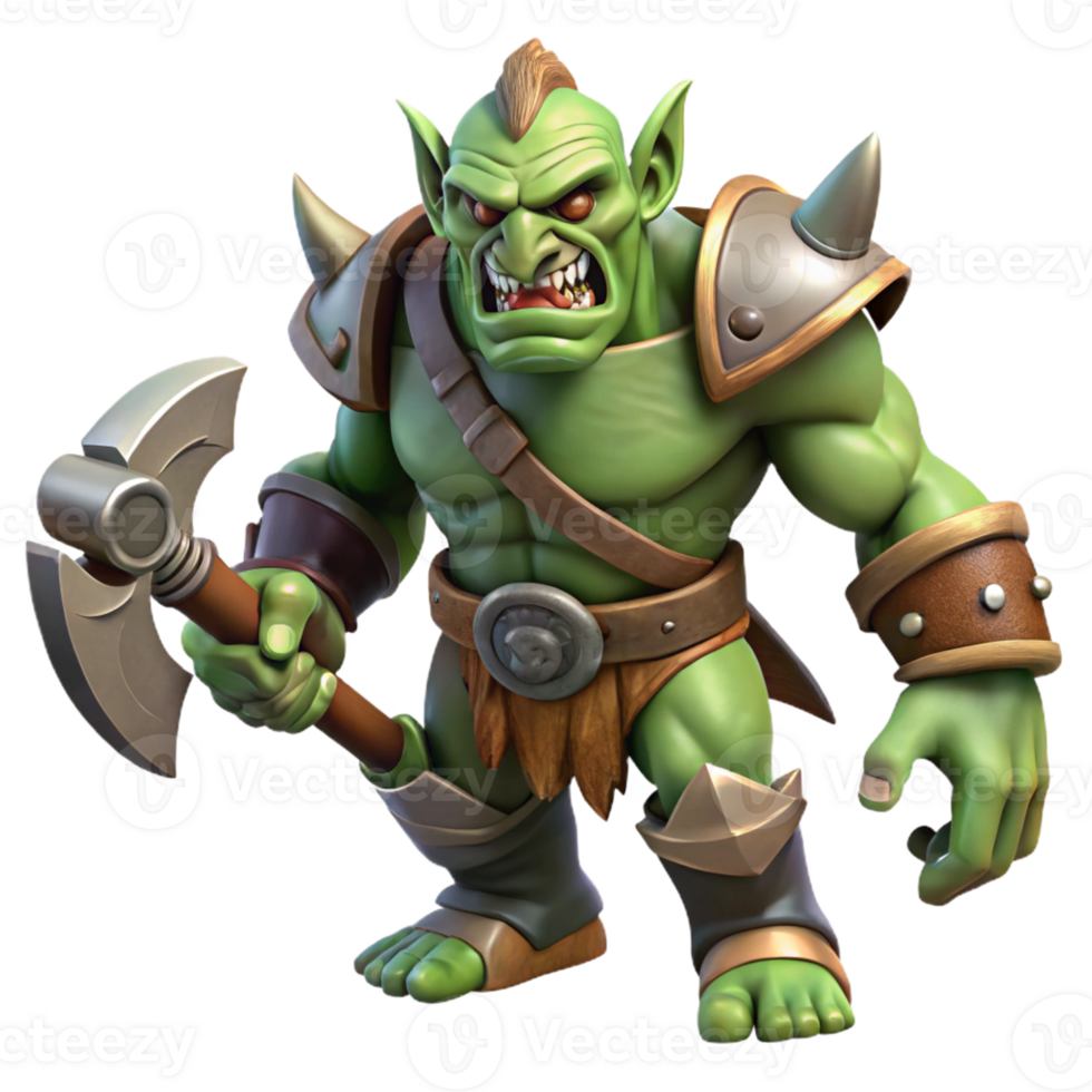 distinctive artistic A fierce orc warrior, battle-worn axe, snarling with Transparent Background handcrafted png