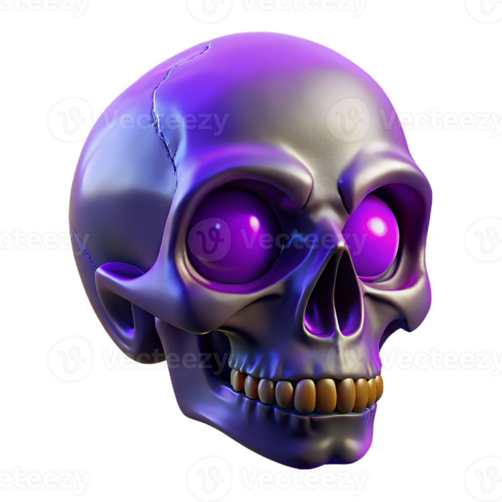 dynamic splendid Ultra-detailed, photorealistic isolated cutout of a single, decaying skull with glowing purple eyes, professional render with Transparent Background sharp png