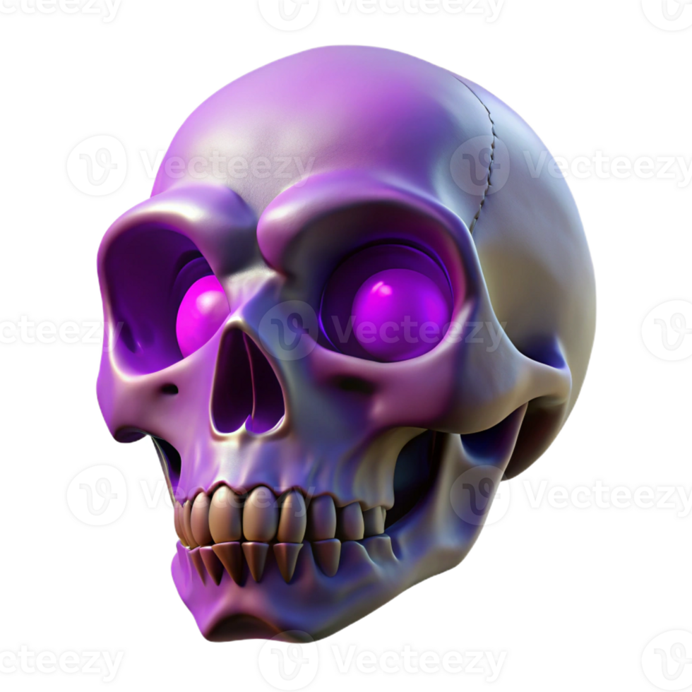 alluring art deco Ultra-detailed, photorealistic isolated cutout of a single, decaying skull with glowing purple eyes, professional render with Transparent Background genuine png