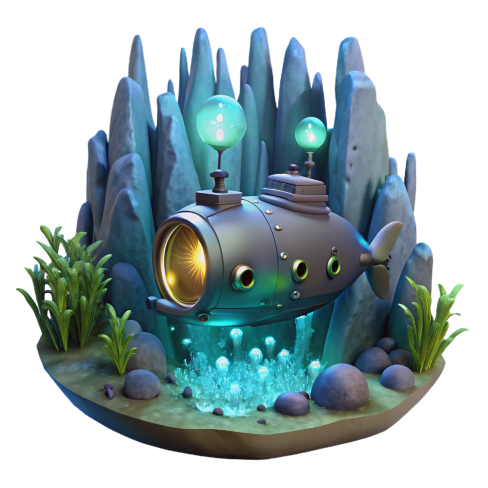 dramatic minimalist A Steampunk Submarine Navigating Through original png